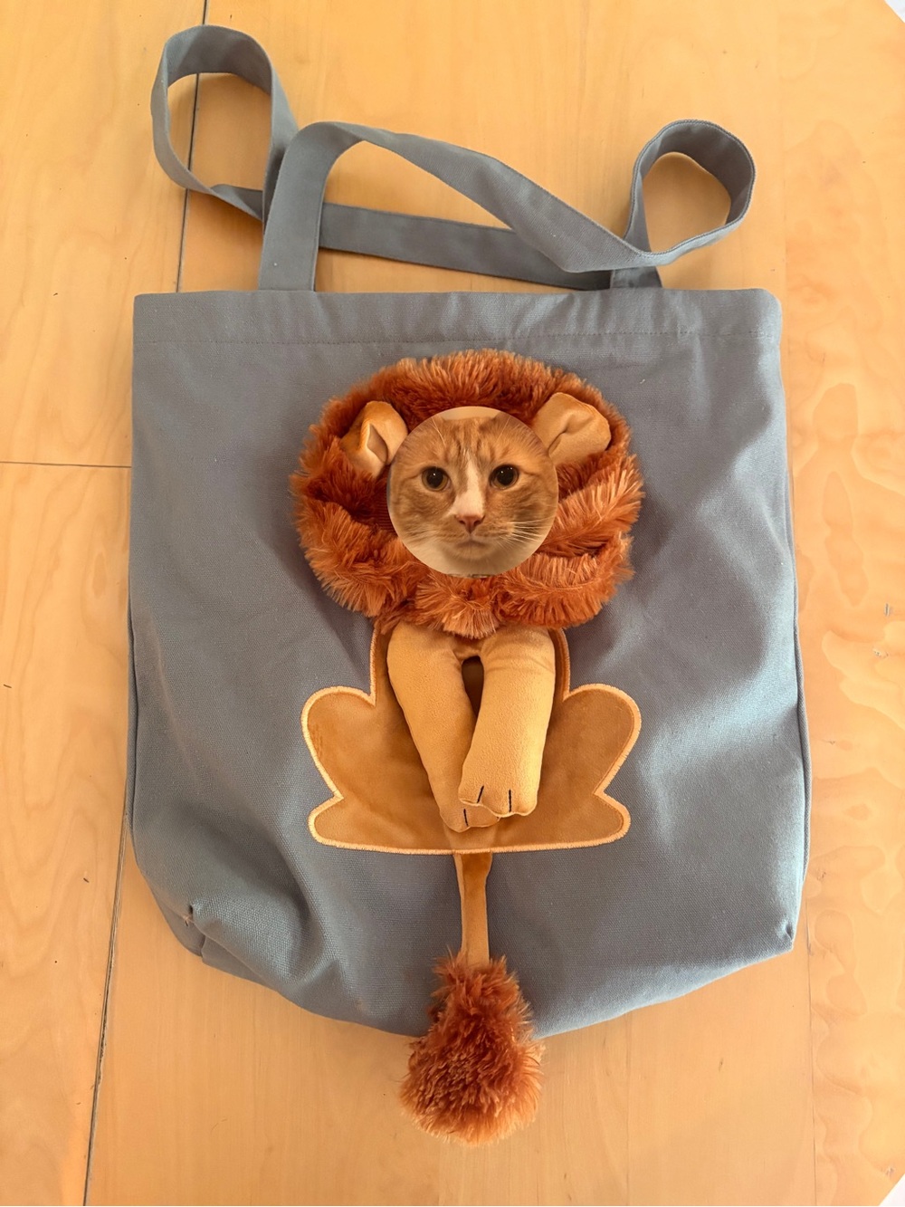 Custom Plush Lion Face Cat Tote Carrier in Gray-Blue